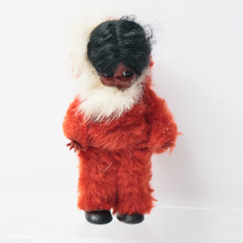 VTG Eskimo Inuit Kewpie Style Doll Blinking Eyes Red Faux Fur Parka 6" MCM